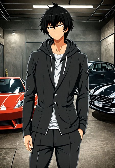 high resolution, solo, best quality, 1Boy, Seiya Kanie, black hair, short hair, thin, lounge suit, hoodie, car garage, OverallDetail
