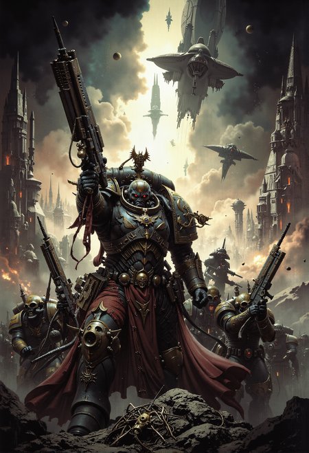 analog film photo . Frank Frazetta fantasy oil painting (art by Zdzislaw Beksinski:2), space marine squad, epic, holding guns, heroic, glorification, god rays, backlit, dropped from a hovering spacecraft grimdark, mythp0rt, FredFraiStyle <lora:- Flux1 - vanta_black_V1.0.safetensors:0.5>,  <lora:FluxMythP0rtr4itStyle.safetensors:0.75>,  <lora:FredFraiStyle-FLUX-Share.safetensors:0.75>,  <lora:Warhammer_Rogue_Trader_Style_flux-000021.safetensors:0.5>,  <lora:aiai-Glimra-Flux-Dev-v2.safetensors:0.5>,  <lora:ARTifacts.safetensors:0.5>,  <lora:Movie_Portrait.safetensors:0.5>,   <lora:frazetta_flux_v2-000150.safetensors:0.5>,   . faded film, desaturated, 35mm photo, grainy, vignette, vintage, Kodachrome, Lomography, stained, highly detailed, found footage