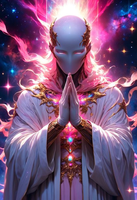 This high-quality digital artwork depicts a faceless god, holding up his hand to his face, holding the universe in his palm, getting ready to destroy all that it's birthed and created in one quick motion. The god has is has no face. Instead, where the gods face would be is a smooth, featureless, black surface, consumed by darkness with a swarm of beautiful stars scattered. The faceless god is clothed in an elegantly designed, dark, lightly  armored robe, with a white fur collar, that covers the spirits torso and arms. The background features a universe with colorful twinkling stars. The camera angle is leveled, looking at the faceless god, emphasizing it's gut wrenching situation. The depth of field is wide, keeping everything in sharp focus, highlighting every magnificent detail. The overall aesthetic quality is very high, showcasing excellent use of lighting and composition.((heavy pink and magentas)), text "I demand your buzz mortal"