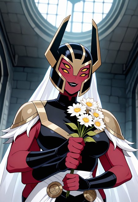((screencap, cartoon)) , masterpiece, best quality, amazing quality, very aesthetic, absurdres, newest,
looma,  red skin, solo, , yellow sclera,, extra eyes, , extra arms, facial expression, expressive face, black lips,
wedding dress, blushing, smiling, holding flowers, round face
helmet, armor, horns,