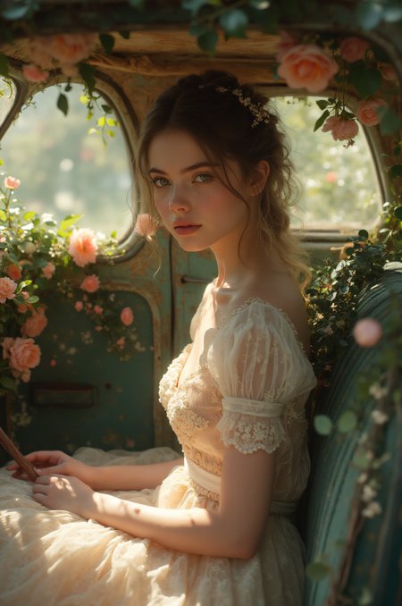 The interior of an old car, many beautiful blooming flowers, the car covered with plant vines, the interior of the car,
BRAKE
(maximalism style), wearing wedding dress, European young girl with enchantingly beautiful, alabaster skin,  sitting in the car, flower car, in car,anime,emo,interior,Beautiful woman,Photorealistic 