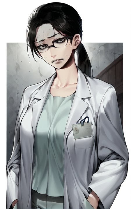 score_9, score_8_up, score_7_up, BREAK
WhiteCoat_DeathMark_ownwaifu, 
1girl, black hair, black-framed eyewear, breasts, glasses, large breasts, ponytail, long hair, grey eyes, semi-rimless eyewear, bags under eyes, sanpaku, turn pale,
white coat, labcoat, name tag, shirt, collarbone, id card, pants, pocket, grey pants, long sleeves,
(portrait, head tilt, looking at viewer), white border, bokeh, <lora:PONYXL_MadokaHiroo_DeathMark_ownwaifu:0.8>, solo,