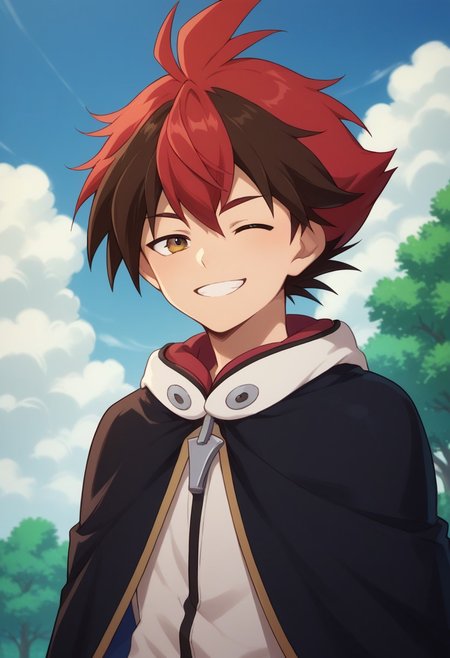 score_9, score_8_up, score_7_up, source_anime, highly detailed, 
hiroryuga, 1boy, male focus, solo, red hair, multicolored hair, two-tone hair, cape, upper body,
brown hair, hood, smile, one eye closed,
outdoor, sky, clouds, tree