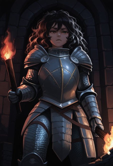 forbiddenstyle, masterpiece, best quality, solo,                                                                                                                                                                                      1girl, black messy hair, armor, dungeon crypt, holding torch, dark, 