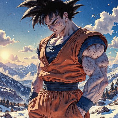 dbz,massive huge muscle goku,, building a snowman, neon-lit grid-patterned skin, as a stained clay sculpture, iso 200, Tucking hands into pockets casually, in 1980s neon fashion, bewildered eyes, during the dawn hours, roaring