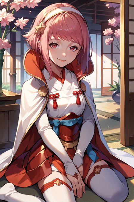 score_9, score_8_up, score_7_up, score_6_up, source_anime, 1girl, solo, <lora:fesakura-pdxl-nvwls-v1-000008:1> defSaku, pink hair, short hair, white hairband, cape, white dress, red sash, white sleeves, armored skirt, white thighhighs, kneeling, looking at you, smile, indoors, japanese architecture, bamboo mat, paper doors, seiza, sitting