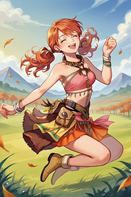 score_9, score_8_up, score_7_up, source_anime BREAK 1girl, solo,  <lora:vanille-pdxl-nvwls-v1:1> vanille, twintails, green eyes, tribal jewelry, earring, necklace, bracelet, beads, pink crop top, belt, sarong, closed eyes, happy, jumping, fur-trimmed boots, field, autumn