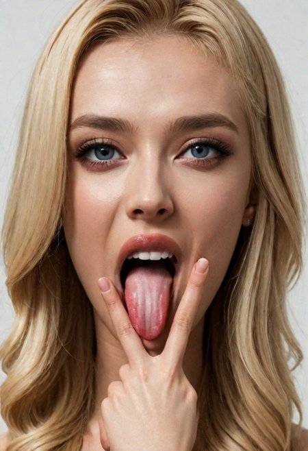 woman , long blonde hair, pretty face, (V Fingers, Tongue out), (Tongue between fingers), (V Fingers, Tongue out, Tongue between fingers). (Perfect Blonde)