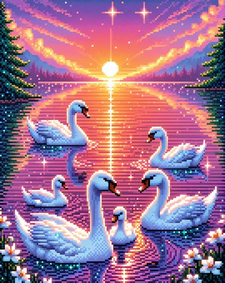 score_9, score_8_up, score_7_up, score_6_up, detailed pixel art:1.5, iridescent, sparkles, swans, scenic sunset <lora:UwU_Pixels:1>