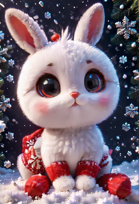 Festive, snowflake, little rabbit, long ears, red nose, close-up, snowflakes floating, Christmas stockings, solo, cute and cuddly