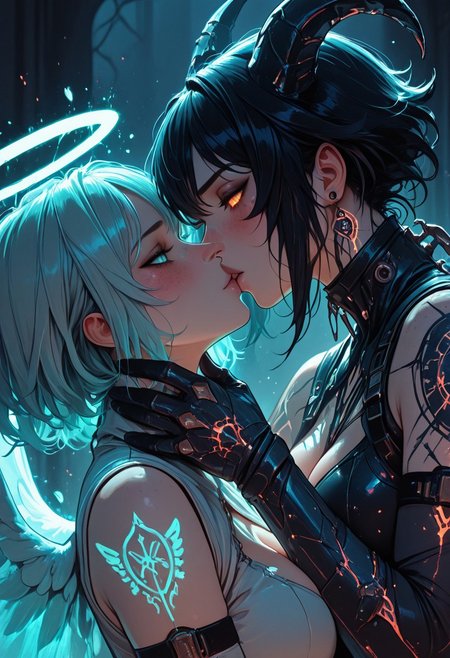 (masterpiece), (best quality), (8k), 2girls, angel and demon, intense stare-down, tension, glowing eyes, magical aura, emissive lighting effects, cinematic lighting, golden hour glow, divine vs infernal contrast, glowing halo above angel, broken burning halo above demon, floating sparks, glowing tattoos or markings, glowing feathers vs shadowy wings, ambient light particles, symmetrical composition, high detail, soft shadows and light contrast, dramatic environment, cleavage, large breasts, detailed armor, bodysuit, fishenets, sleeveless, armbands, flowing cloth, mystical energy in air, angel freckles, demon scars, 
Stand off, head to head, hand on neck, grabbing neck, eyes focused on each other, face details, hand on chest, happy, in love, blush, kiss, kissing, blushing,