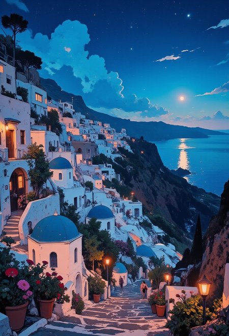 A breathtaking nighttime view of a picturesque Santorini-style village on a steep cliff overlooking a calm sea. The scene is illuminated by a dreamy twilight sky filled with glowing stars, a crescent moon, and wisps of soft clouds. The iconic whitewashed buildings with vivid blue domes cascade down the hillside, their windows warmly lit, evoking a cozy and inviting atmosphere.
Vibrant potted flowers and lush greenery adorn the terraced pathways and balconies, adding splashes of red, pink, and green to the tranquil blue-and-white palette. The cobblestone streets wind through the scene, creating depth and leading the eye toward the shimmering reflection of moonlight on the sea. The mood is serene and romantic, capturing the essence of Mediterranean charm and night magic.
Add a few flickering lanterns along the pathways to enhance the enchanting nighttime setting.
dreadmirthart
