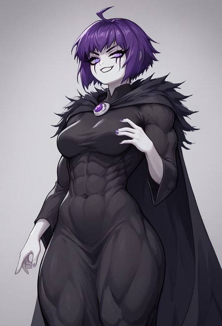 (masterpiece, score_9, score_8_up, score_8:1.3), eve_the_sorceress, solo, purple hair, 1girl, short hair, colored skin, purple eyes, ahoge, bangs, (long dress:1.1), black dress, long sleeves, wide sleeves, (white face:1.3), white hands, cape, thick thighs, (fur trim around shoulders:0.2), medium breasts, makeup, (muscular female:0.2), (shortstack:0.5), (dark skin:0.5), (torn clothes:0.5), ng_deepnegative_v1_75t, SimpleNegativeV3, close up, smirk,