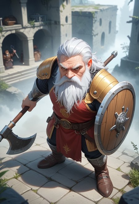 score_9, score_8_up, score_7_up, (solo:1.3), 
old male, Dwarf, mature, realistic, axe and shield, short stature, white hair, beard, moustache, big nose, angry, holding axe, berserk, highly detailed, 
source_anime, fog, (in the fog),  ruins, surrounded by fire , medieval,  fantasy,  
from above, Expressiveh, solo focus,  (blurry background) , masterpiece, silhouette,