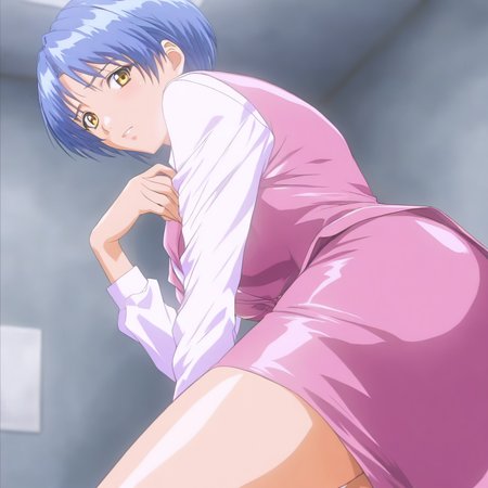 masterpiece,1girl,solo,looking at viewer,<lora:Momoko_Shiraishi ag4o v1:1> momoko_shiraishi, blue hair, short hair, yellow eyes,pink suit,pencil skirt,white shirt,