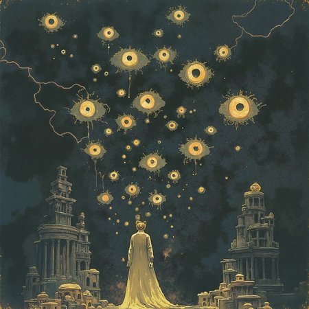 Above the abyss, on a floating citadel shrouded in a perpetual twilight, a vintage photograph begins to crumble into pieces. The once-whole image now splits apart, revealing a sea of eyes glowing in the darkness, their piercing gaze fixed on the subject before them. The individual's face contorts in terror as they stare back at the unblinking orbs, frozen in time.  In the background, a thunderstorm rages on, with flashes of lightning illuminating the dark clouds. The air is thick with an otherworldly energy, heavy with the scent of brimstone and, <lora:Flux_Turbo_Alpha.safetensors:1.0> <lora:xijie_crayon-20.safetensors:0.25> xijie_crayon cute crayon drawing <lora:flux.1_lora_flyway_Epic-detail_v2.safetensors:0.4> epic gorgeous details