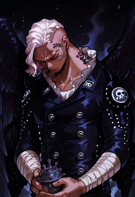 king, conflagration, lunarian, one piece, solo, wings, shirt, closed eyes, bandages, black wings, upper body, white hair, feathered wings, 1boy, bandaged arm, short hair, , SOLO, 1BOY, thick outline, black outline, holding, black wings, no humans, buttons, tattoo, beard, parody