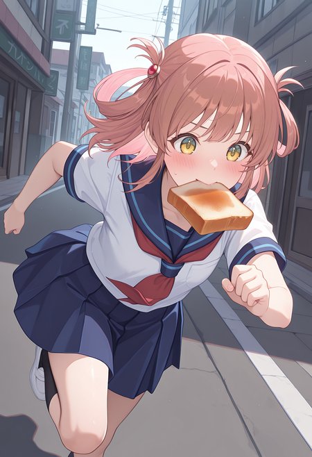 highres, best quality, masterpiece, outdoors, street,
1girl, solo, rlrino, hair rings, medium hair, pink hair, brown hair, yellow eyes, green eyes,
school uniform, blue sailor collar, white shirt, short sleeves, red neckherchief, blue skirt, black socks, shoes,
blush, mouth hold, bread slice, 
running,
<lora:_rino_pcr-elesico-ilxl:1>