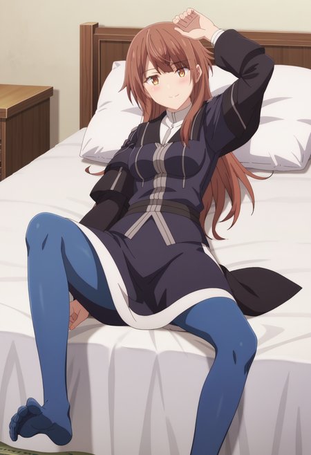 score_9, score_8_up, score_7_up, source_anime,
BREAK
1girl, solo, anime screencap, anime coloring, 
<lora:shiMisfitEmiliaV1:1>, shiemilialudo, long hair, brown hair, 
black uniform dress, long sleeves, capelet, white skirt, side slit, long skirt, blue pantyhose, 
looking at viewer, smile, blush,  
indoors, bed, arm up, 
spread legs, feet, soles, lying, on back,