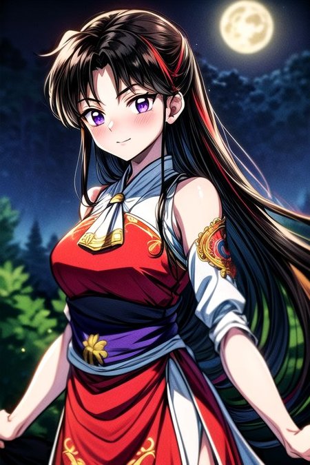 masterpiece,  best quality 1girl Setsun4 solo long hair,  (night time) forest background black hair very long hair purple eyes multicolored hair armor (fur trim) (medium body),<lora:EMS-179-EMS:0.800000>,<lora:EMS-293862-EMS:0.800000> bow, hair_bow, hair_tubes, red_bow, brown_hair, long_hair, bangs, ascot, frilled_bow, yellow_ascot, blush, smile, hair_between_eyes, athletic, armor, miko, ,(((intricate outfit,intricate clothes,embroidered outfit,ornate outfit,embroidered clothes,ornate clothes))),