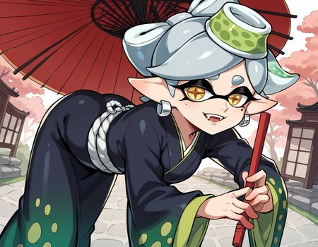 score_9, score_8_up, score_7_up, source_anime,
splatoonmarie, <lora:splatoon-marie-ponyxl-lora-nochekaiser:1>,
marie, fangs, grey hair, mole, mole under eye, pointy ears, short hair, yellow eyes, domino mask, mask, tentacle hair,
earrings, hair ornament, japanese clothes, jewelry, kimono, long sleeves, mole, mole under eye,  umbrella, wide sleeves,
outdoors, shrine, bent over, smile,
solo, dutch angle, looking at viewer, cowboy shot,
