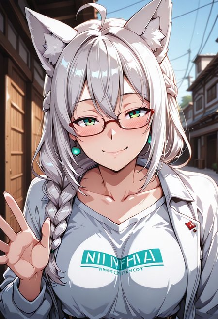 lazypos, girl focus, 1girl, virtual youtuber, animal ears, ahoge, solo, fox ears, glasses, braid, white hair, long hair, shirt, fox girl, hair between eyes, single braid, looking at viewer, sidelocks, jewelry, white shirt, blush, earrings, smile, animal ear fluff, green eyes, jacket, waving, blurry background, white jacket, open clothes, belt, open jacket, blurry, official alternate costume, niniastyle