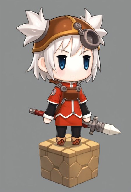 score_8, score_8_up, score_7_up, source_anime, anime screenshot,  1girl, female focus, solo, pratty_scs, white hair, helmet, hair through headwear, two side up, bangs, sidelocks, short hair, blue eyes, Mandarin collar, red jacket, chest guard, red skirt, layered sleeves, short over long sleeves, sleeve cuffs, pantyhose, black pantyhose, sheath, ankle boots, brown footwear, ffpictlogicastyle, chibi, full body, faux figurine