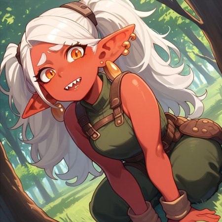 score_9, score_8_up, score_7_up, 1girl, solo, goblin girl,, red skin, orange eyes,, twintails, white hair, sharp tooth, nervous expression, ear piercing, earrings, long pointy ears, plump, looking at viewer, engineer uniform, little  female, forest background, dutch angle, goggles over head, full body, stand up