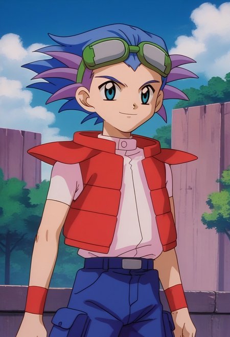 score_9, score_7_up, source_anime, 
rabioli, 1boy, male focus, solo, blue eyes, multicolored hair, blue hair, purple hair, spiked hair, shirt, pink shirt, short sleeves, jacket, red jacket, sleeveless jacket, open jacket, open clothes, wristband, smile, goggles, goggles on head,
outdoor, sky, tree, cloud,