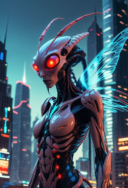 (medium full shot) of (captivating hybrid creature) with bioluminescent red skin, exoskeleton plates, elongated fingers, extra eyes on the forehead, ethereal wings, bioluminescent hair, insectoid antennae, in set in  a futuristic alien city, with towering skyscrapers, neon lights, advanced technology, bustling alien inhabitants, ,Masterpiece,best quality, raw photo, realistic, very aesthetic