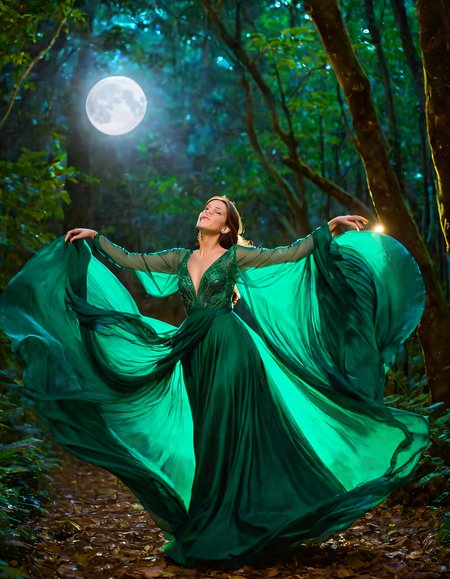 Amidst the mystical, enchanted realm of Rony's adventure, the woman in her radiant emerald gown with its flowing silk sleeves dances gracefully beneath the glowing moon, capturing each ethereal moment in the magical forest where a low bird's eye view camera angle perfectly frames this timeless, fairytale scene. <lora:kgyqls18f933280b7g346:1>