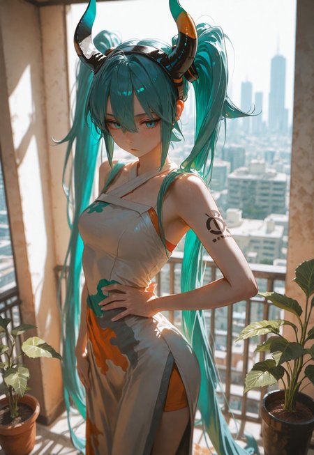 masterpiece, ultra-HD, cinematic lighting, photorealistic, impressionism (1.5), high detail, depth of field, (blurred background), (dramatic lighting),masterpiece, best quality, very aesthetic,8k,masterpiece, best quality,realistic, masterpiece, best quality, 8k, 
, simple_background, , 
, half close-up,
dragon miku \(project voltage\), pokemon, 1girl, slender waist, fair skin, freckles, aqua eyes, blue eyes, heterochromia, hair between eyes, very long hair, long hair, twintails, fake horns, shoulder tattoo, standing, hand on hip, facing camera, head tilted slightly, city rooftop, cinematic tone, rim light, morning sun, cityscape, balcony railing, urban garden, potted plants, concrete pillars, silhouette of skyscrapers