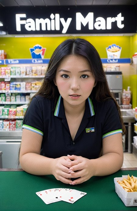 Asia's Gambling God,50mm lens, f/2.8 , 1/50s , iso3200 close-up , , Inside Family Mart, soft blurring in background , warm lighting contrasted with brightly colored chips on the table , Calm tension and concentration , Medium view with lady in the center, chips and poker game form the foreground ¸  <lora:fm2:0.75>   Family Mart and Cigarettes, Counter
and
Professional Interior Design  <lora:xl_more_art-full_v1:0.25>