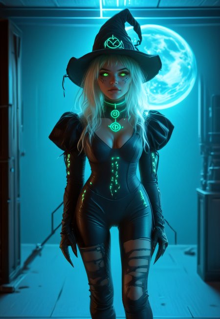 by Ian McQue and Sam Spratt,  <lora:EnvyStudioPortraitXL01:0.35>, witch in XXVIII century,  leu_hanna2, 25 yo, 1 woman, white messy long hair, pale white skin, (hazel glowing eyes), looking to viewer, curious smile, black and green metallic HALLOWEEN catsuit with celtic runes, black and green witch hat, black choker, holding an wooden wand forming an spell with a glowing blue rune, background window night sky, indoor futuristic cabin of space ship, neon lights, enhanced shadows, dynamic black shadows, spooky vibe, magic aura, futuristic atmosphere, mad-cyberspace, detailxl