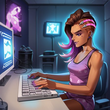 score_9, score_8_up, score_7_up, score_6_up, score_5_up, score_4_up, zPDXL2,source_anime,rating_questionable, 1girl,  solo, <lora:Typing:0.7> typ1ng, sitting, keyboard (computer), monitor, indoors, sombra overwatch, pajamas, singlet, frantic, manic, night, shadows, purple neon, holograms