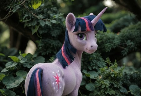 score_9, score_8_up, score_7_up, score_6_up, score_5_up, score_4_up, Realistic, solo, slender, slim, twilight sparkle, no humans, horn, unicorn, horse, pony, female, mare, unicorn, calm, unkempt mane, rear view, looking back, looking over shoulder, smirk, (fur:0.9), big eyes, realistic, photo, detailed, beautiful, small eyes, realistic eyes