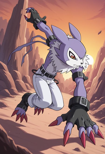 masterpiece,best quality,amazing quality, 1boy, solo, str4b1m0n, digimon (creature), black fingerless gloves, white pants, black belt, black arm straps, full body,  attack, outdoors,
