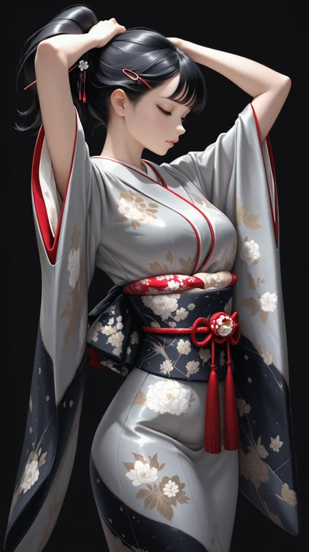 high_quality, highres, detailed, masterpiece, best quality, absurdres, woman wearing Jedgs,  attire, ornate kimono, hairpins,  black background, windblown ponytail, bangs,  arms_up,  long_shot,   <lora:GeishaIL-000002:1>