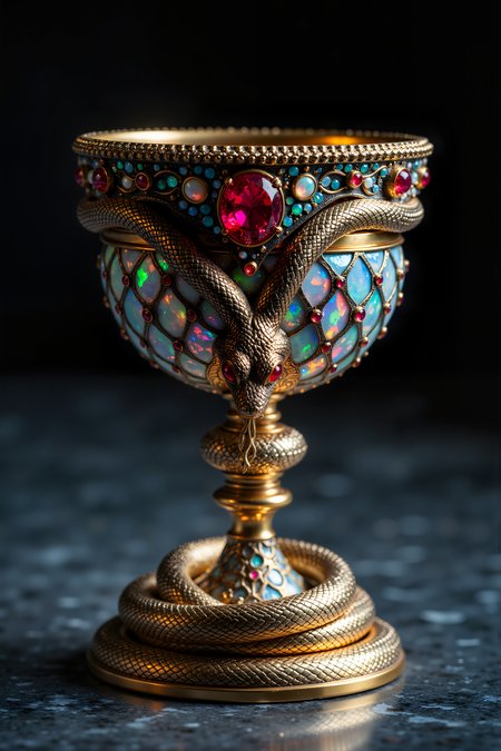 A cobra-shaped chalice rests on coiled golden base. The cobra's hood forms the cup's rim, decorated with inlaid opals that shift colors in the light. Its scales are crafted from overlapping plates of silver and rose gold, each one engraved with miniature serpentine patterns. The eyes are set with large rubies that cast red reflections into any liquid the chalice holds.  Fantastic lighting. Detailed shadows.intricate details, vivid colors, hyper-detailed, ultra-sharp<lora:FluxMythR3alisticF:0.4><lora:midjourney_whisper_flux_lora_v01:0.4><lora:aidmaMJ6.1-FLUX-V0.1:0.4><lora:Movie_Portrait:0.4><lora:Flux DetailerV2:0.4>