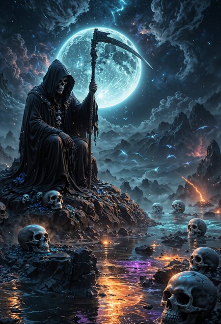 A high reflective obsidian material worn on the grim reaper sitting on skulls, surrounded by mist, glowing moonlight, auror borealis, and meteor showers; opalescent fantasy background, flowing waves of mists with skull statues in the foreground, brilliant opalescent colors, high resolution, high quality, high detail, sharp focus, intricate details, highly detailed digital painting, artstation style, concept art, smooth, sharp focus, ultra wide angle lens, f/2
OverallDetailXL <lora:SDXLFaeTastic2400:0.4> <lora:DetailMaximizer:0.55> detailmaximizer