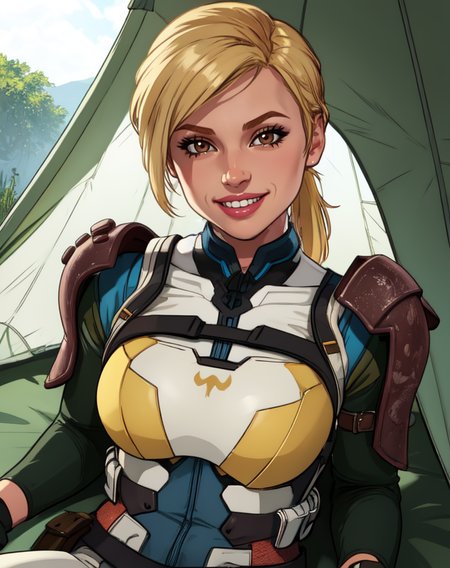 Cassie,blonde hair,solo,ponytail,brown eyes,fingerless gloves,armor,bodysuit, 
smile, upper body, 
barracks, tent,  sitting, 
(insanely detailed, beautiful detailed face, masterpiece, best quality), solo, 
 <lora:CassieCage-10v10:0.8>