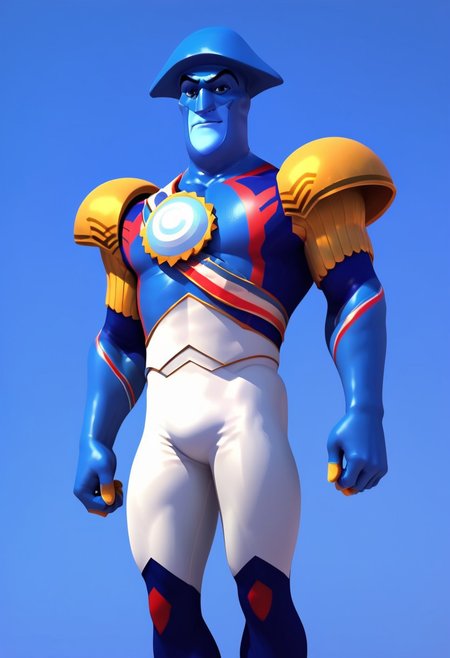 score_9, score_8, score_9_up, score_8_up, score_7_up, high quality, ultra detailed, highres, Malediktator, blue skinned, blue eyes, blue jacket, blue cowl,  headwear, blue bicorne, blue gloves, white stripes, red stripes, yellow shoulder pads, white pant, blue boots, sash, yellow fingers, looking at view, BREAK, simple background