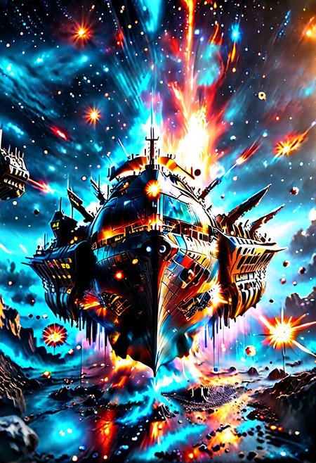 high quality, 8K Ultra HD, highly realistic, The great and sleek black ship is moving forward, blasting through space. It has powerful cannons facing forward that are unleashing powerful blue neutron beams upon an unseen foe. Embark on an enchanting 8K photorealistic journey as a magnificent starship blasts through a star system.  The ship gracefully flies among other ships. The starship's design boasts advanced technological elements. The camera captures every minute detail, by VelvetS, octane render,from slightly to the side.  perfectly symmetrical ship.  Weapons fire blue energy beams, 
<lora:DonM3t3rn1tyXL-v1.1:0.7>, DonM3t3rn1tyXL,
OverallDetailXL  <lora:MJ52:0.3>  <lora:SDXLFaeTastic2400:0.4>