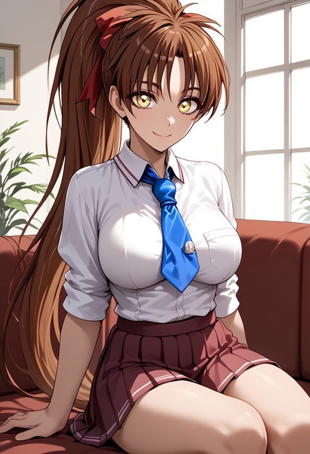 score_9, score_8_up, score_7_up, score_6_up, source_anime, Expressive,
KoumekaedePony, very long hair, brown hair, yellow eyes, big eyes, mole under eye, ponytail, high ponytail, red hair ribbon,large breasts,
school uniform, blue necktie, white shirt, dark red skirt,
Indoors, sitting on the sofa, (tilted head: 1.2) lustful eyes, closed mouth and smiling,
