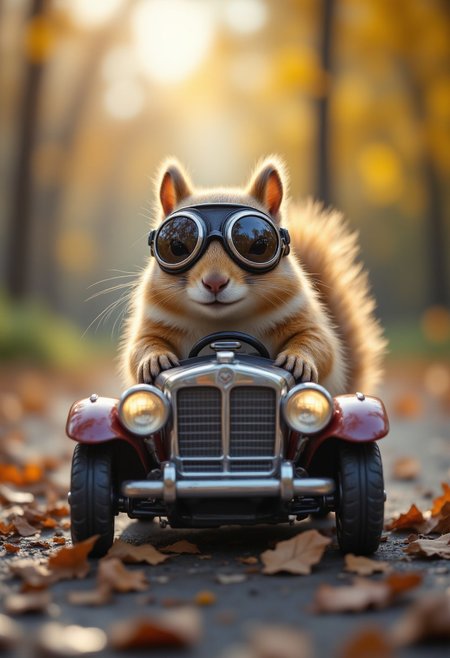 A squirrel in a miniature toy car, wearing aviator goggles, aidmafluxpro1.1, aidmaMJ6.1