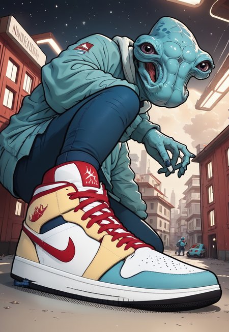 score_9, score_8_up, score_7_up, ithorian hammerhead alien, space station background, hud_sh03_sh0w, foreshortening, looking at viewer, sneakers. Nike 