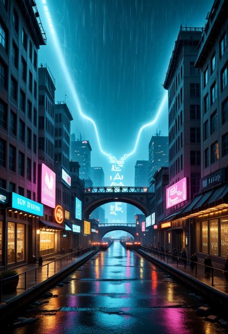 Physical characteristics of the bridge:
A large, futuristic bridge with elegant architectural lines and aerodynamic design.
Reinforced metal and glass construction, with neon light accents on the railings and under the bridge.
Support columns with built-in light panels that illuminate the bridge in different colors.
Lights and Screens:
Bright neon lights along the edges and base of the bridge that glow blue, green and pink.
Large holographic displays mounted on the columns and arches of the bridge that show advertising messages, news and visuals.
Laser projectors mounted on the roof of the bridge that create light effects and project images onto the bridge and the surrounding area.
Lighted paths along the pedestrian areas of the bridge that illuminate the way for passers-by.
Background and Environment:
Cyberpunk style cityscape with tall skyscrapers illuminated by neon signs and lights.
Streets covered in rain with lights reflecting in the wet surface creating a dramatic contrast.
Flying vehicles and drones patrolling the sky above the bridge and the city.
Atmosphere:
Bright neon lighting effects that highlight the details of the bridge and create a futuristic and dynamic atmosphere.
Muted neon colors that reflect in the wet surface of the street and bridge, creating a contrast between the modern and the traditional.
Dramatic light from neon signs and holographic displays that add depth and realism to the image.