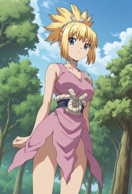 score_9, score_8_up, score_7_up, score_6_up, BREAK 1girl, kohaku,  blonde hair, solo, ponytail, dress, sandals, sky, pink dress,bare shoulders, blue eyes, tree, day, cloud, outdoors, blue sky,standing, looking at viewer, cowboy shot, dutch angle