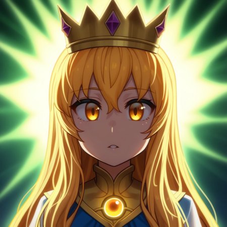 mana_sk style, portrait, focus on face, a radiant sun priestess girl with cascading golden hair glowing softly like sunlight, amber eyes filled with warmth, wearing a crown shaped like sun rays, her serene expression emanating peace, faint golden halos in the background, Japanese RPG style, divine and ethereal atmosphere, intricate details on her crown and glowing aura