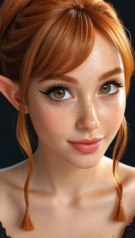 (Cel-shading:1.8), (in ARTIST style:1.7), (masterpiece:1.7), tsundere, cartoon style, comics style, fantasy theme, from side,
(masterpiece), (best quality), (ultra-detailed)
(Medium shot:2) gorgeous elf girl face, cute, beautiful, gorgeous, dark skin, smiling:1.1, (both hands on cheeks:1.1), showing emotions, perfect body, solo, long hair, (very long eyelashes:2),perfect ginger hair, streaked ginger hair, , bangs, freckles, striking large eyes, aligned eyes, mirror eyes, witch costume, , , indoor witch hut, gorgeous,fantasy theme,
eyeliner, trendy portrait, bare shoulders, tender Aesthetic nose, perfect lips, gorgeous lips, puffy lips, sensual lips, cinematic,
(masterpiece), (best quality), (incredibly detailed:1.4) (beautiful detailed face, beautiful detailed eyes), (ultra-detailed), very aesthetic, illustration, perfect composition, intricate details, absurdres, detailed skin, clean skin,  pure skin,
(masterpiece:1.8), (highest detailed:1.8), (angle:0.9), perfectly lighted, (contrast), (saturated), (((sharp focus))), (hyperdetailed:1.3), (intricate details:1.2), (Refined details:1.3), (best quality:1.5), highly detailed textures,
<lora:Apparatus_-_Traction_City_Walkers_Vehicles:0.6>,
<lora:add-detail-xl:1> (ultra sharp focus:1.8), (detailed skin:1.8), (best quality:1.8),
<lora:glowneon_xl_v1:0.6>
<lora:Someplastic_b:1>